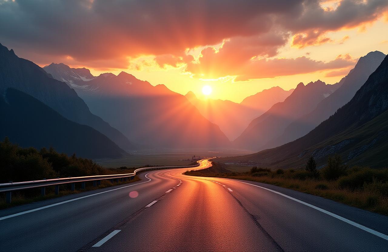 Panorama einer österreichischen Autobahn in den Alpen bei Sonnenuntergang.