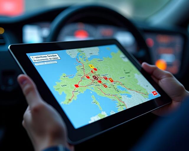 Mock-up einer Tablet-Anwendung, die eine Karte von Österreich mit Verkehrs- und Baustellensymbolen anzeigt.
