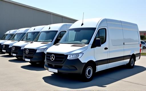 Eine Reihe geparkter Lieferwagen, die eine Fahrzeugflotte repräsentieren.