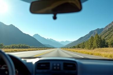 Blick aus dem Auto auf eine freie Autobahn in den Bergen.