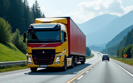 Ein LKW für einen Sondertransport mit Begleitfahrzeug auf der Autobahn.